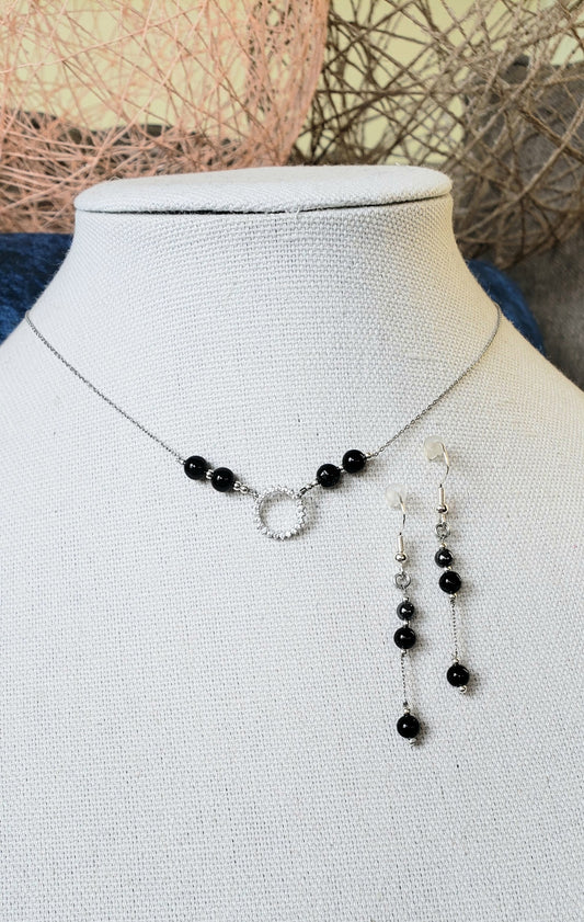 Black Agate Necklace and Earrings Set.