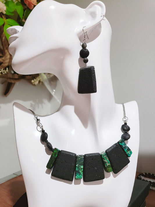 Black Lava Rock Necklace and Earrings Set