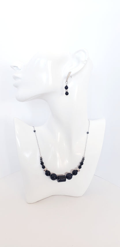 Diseño Unico en Collar y Aretes en Acero inoxidable con hermosas Piedras Ágata Negra - K.Beloved LLC