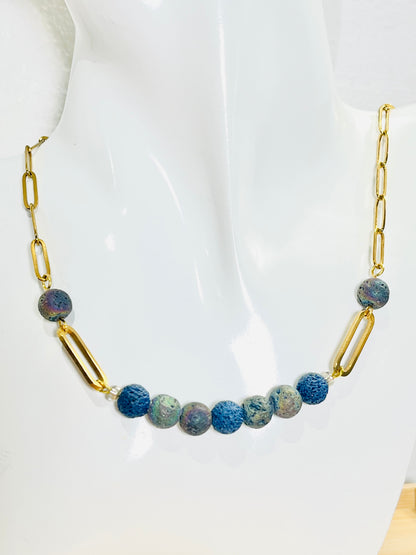 Collar  de eslabón en Acero Inoxidable con Piedra de Lava Rock Azul y Tornasol - K.Beloved LLC