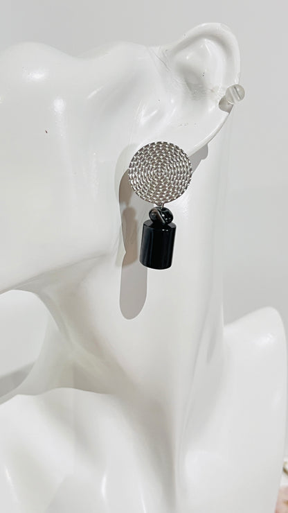 Aretes Bohemio redondo en Acero Inoxidable con Piedra Agate Negro en forma de Cilindro - K.Beloved LLC