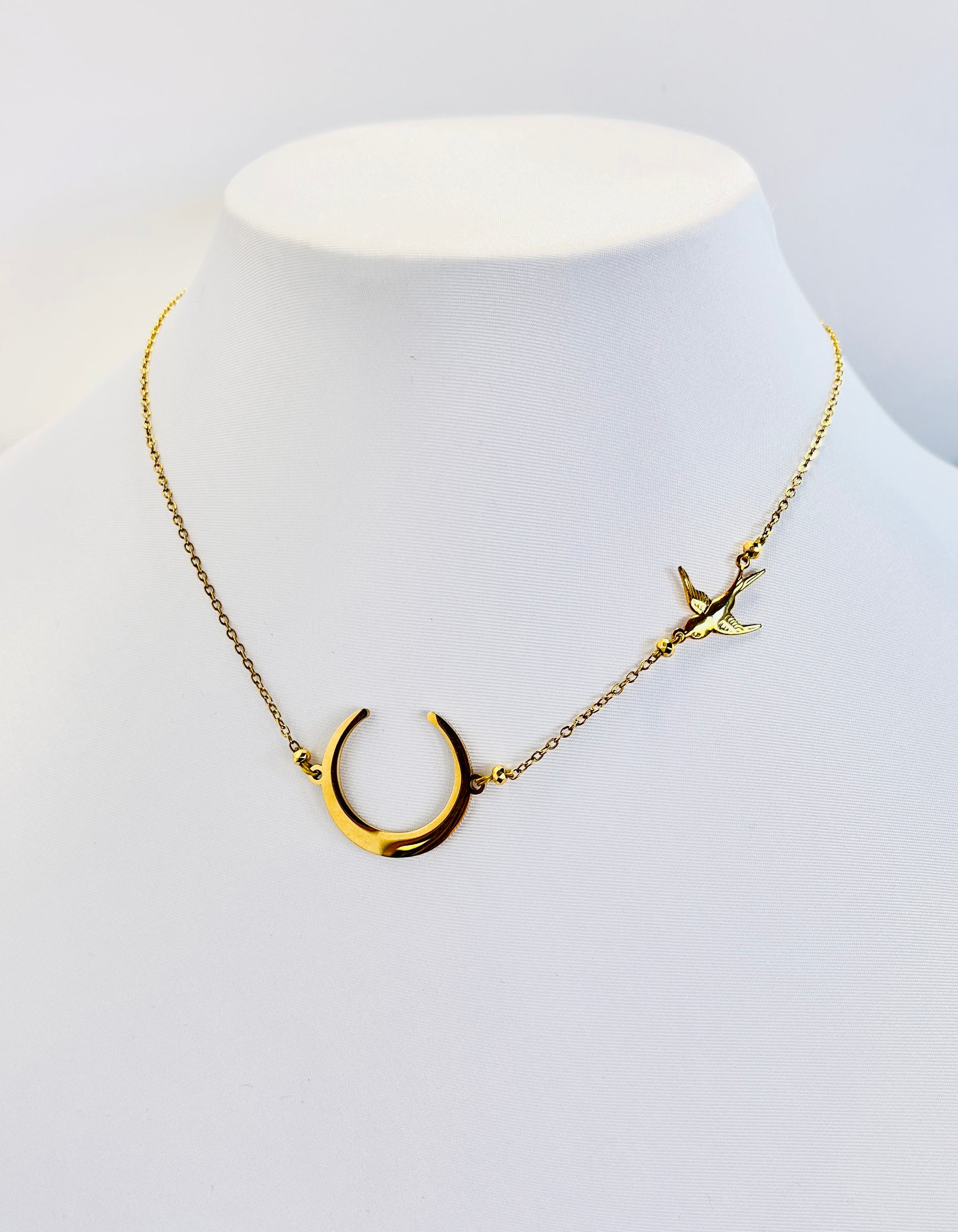 "Danza Nocturna" Collar de Media Luna y Colibrí en Acero Inoxidable" - K.Beloved LLC