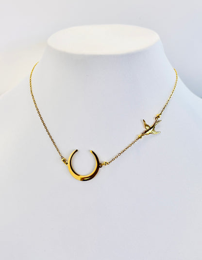 "Danza Nocturna" Collar de Media Luna y Colibrí en Acero Inoxidable" - K.Beloved LLC