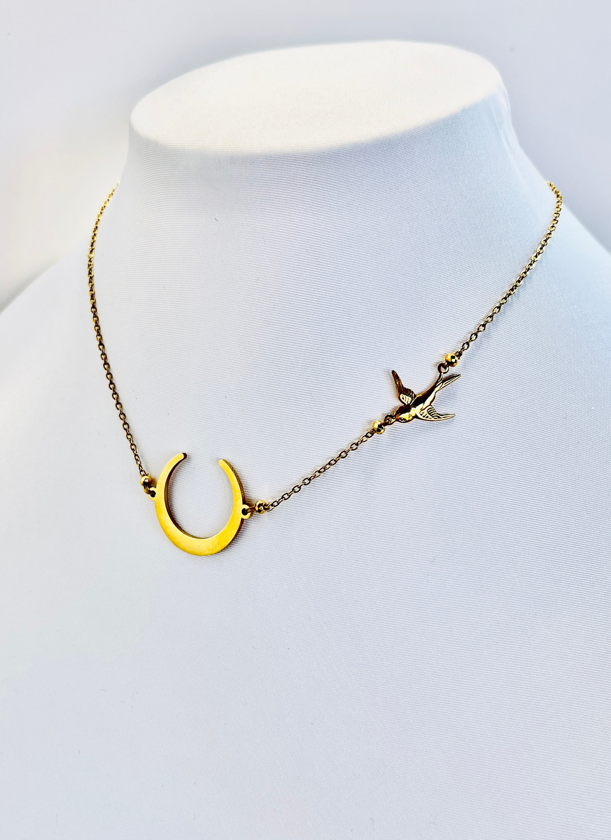 "Danza Nocturna" Collar de Media Luna y Colibrí en Acero Inoxidable" - K.Beloved LLC