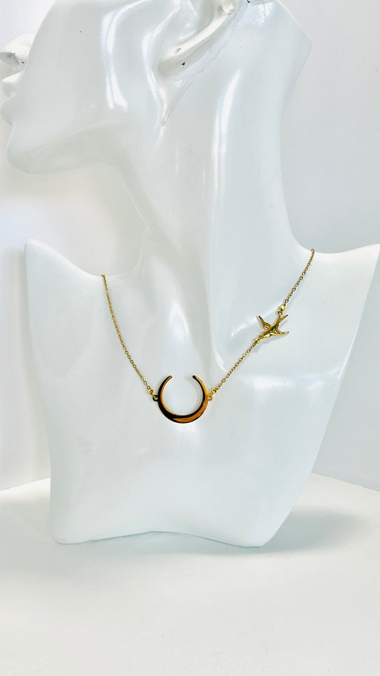 "Danza Nocturna" Collar de Media Luna y Colibrí en Acero Inoxidable" - K.Beloved LLC