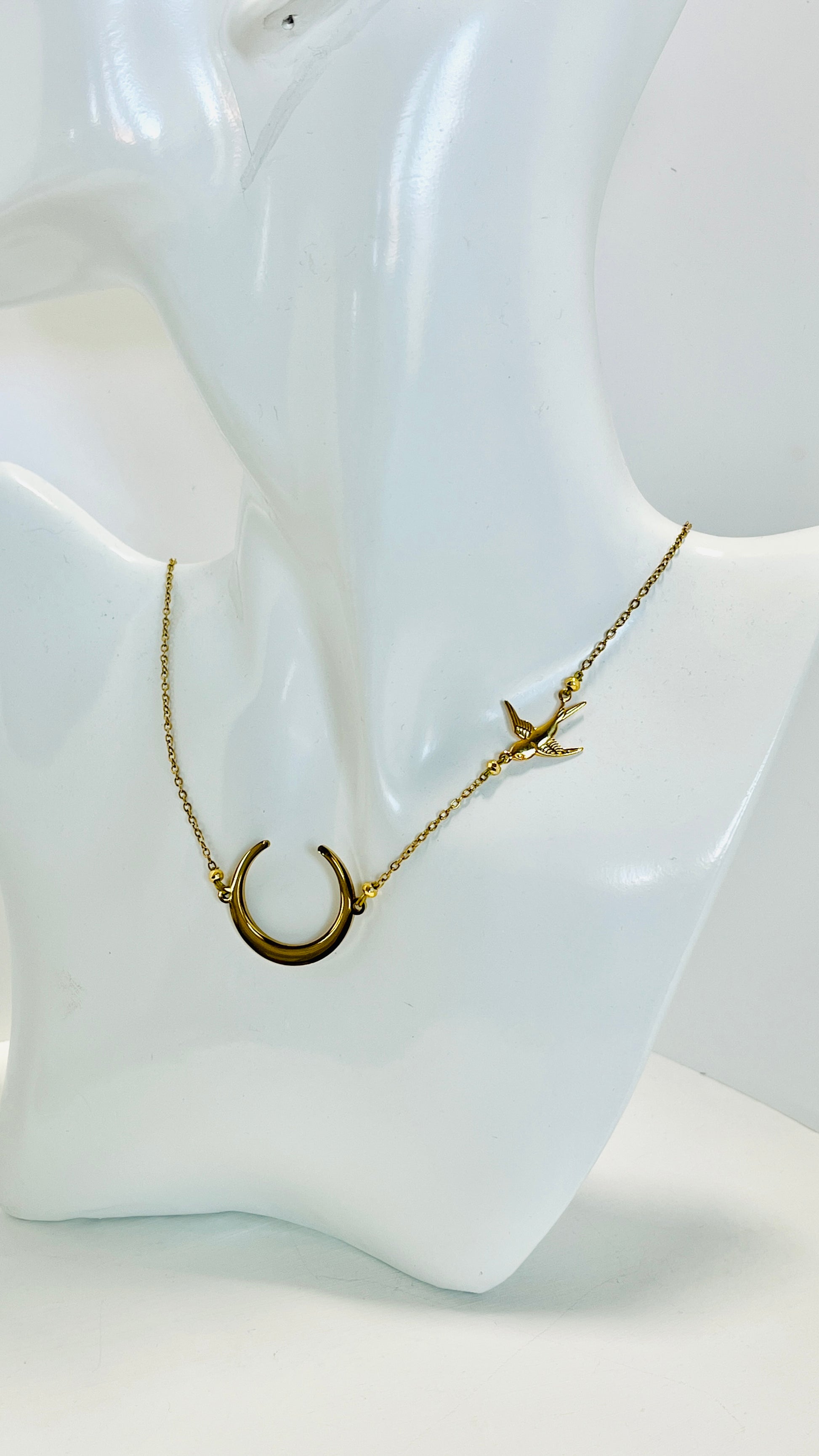 "Danza Nocturna" Collar de Media Luna y Colibrí en Acero Inoxidable" - K.Beloved LLC
