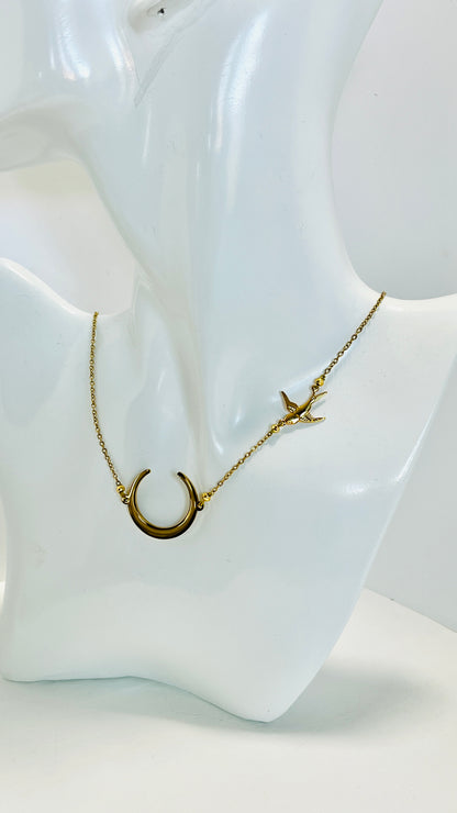 "Danza Nocturna" Collar de Media Luna y Colibrí en Acero Inoxidable" - K.Beloved LLC
