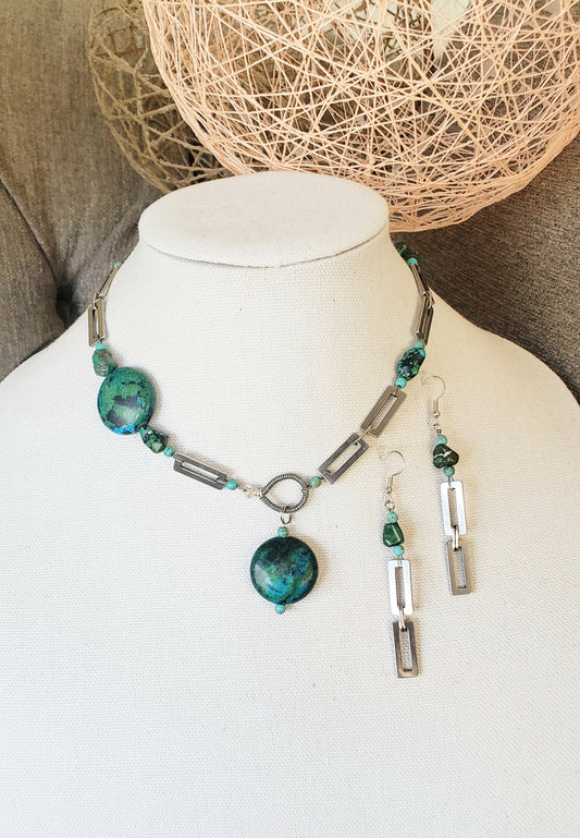 Blue Turquoise Necklace and Earrings Set.