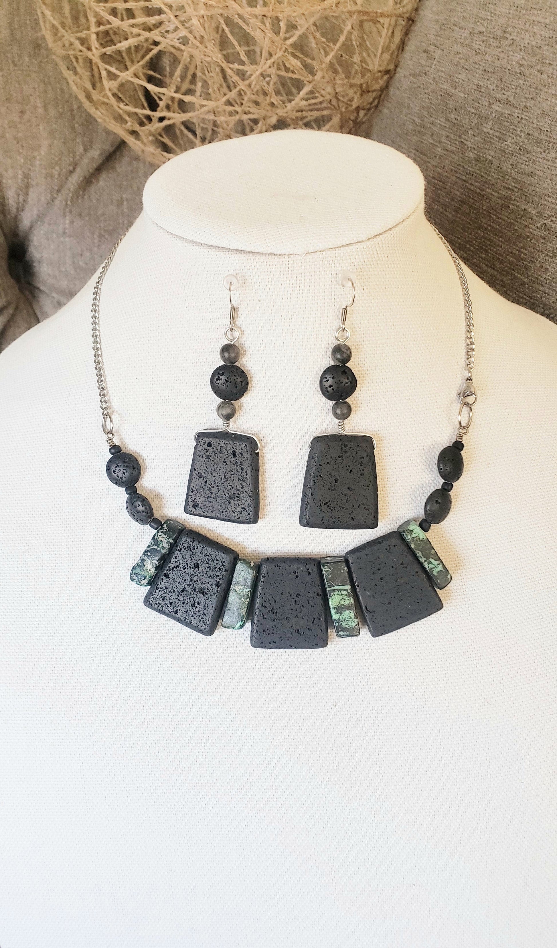 Black Lava Rock Necklace and Earrings Set - K.Beloved LLC