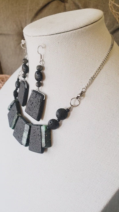 Black Lava Rock Necklace and Earrings Set